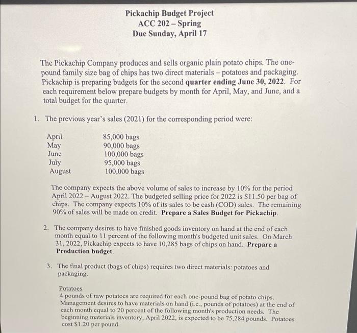 Pickachip Budget Project Acc 202 Spring Due Sunday April 17 The Pickachip Company Produces And Sells Organic Plain Po 1