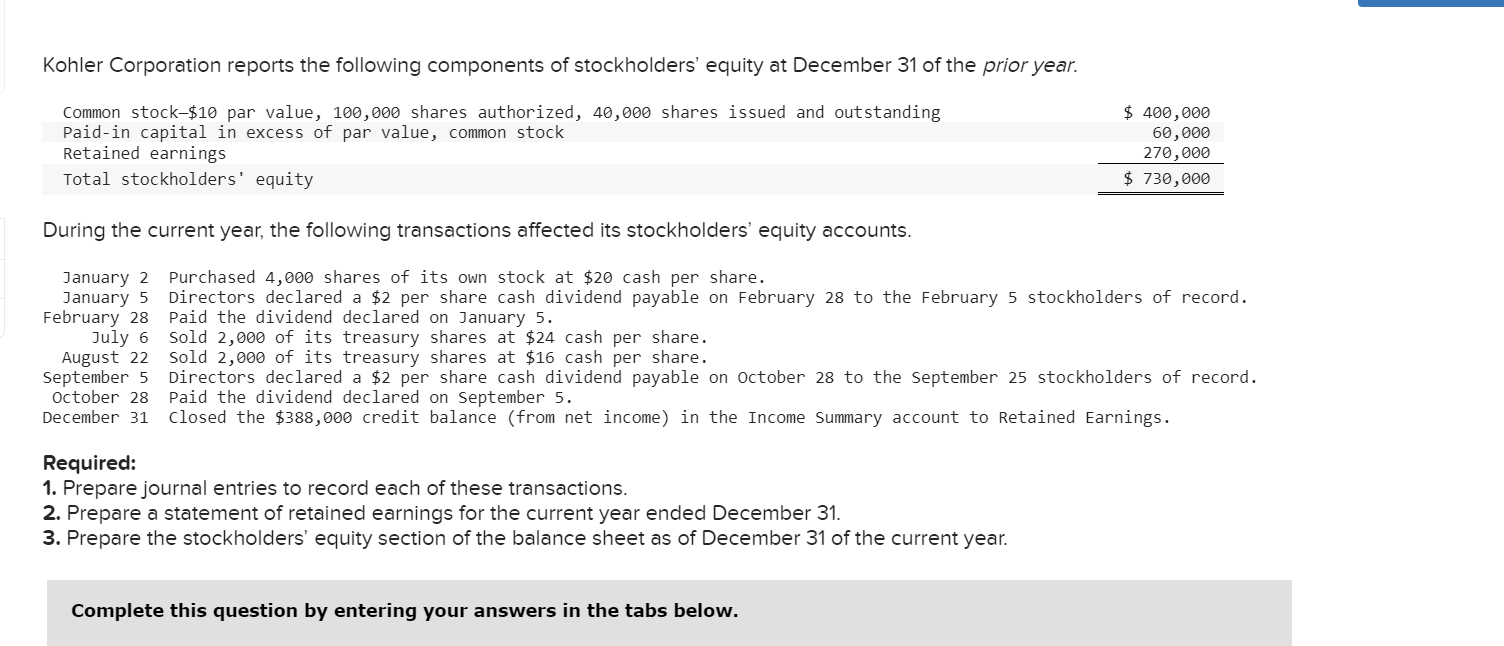 Kohler Corporation Reports The Following Components Of Stockholders Equity At December 31 Of The Prior Year Common Sto 1
