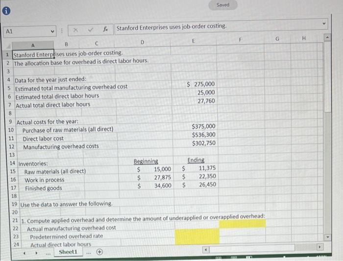Excel I Overhead Analysis And Preparing Schedules Of Cost Of Goods Using Excel S Sum And Basic Math Functions Stanford E 2