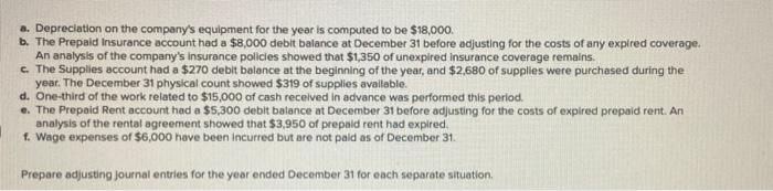 A Depreciation On The Company S Equipment For The Year Is Computed To Be 18 000 B The Prepaid Insurance Account Had 1