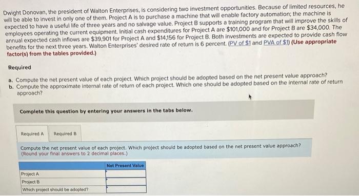 Dwight Donovan The President Of Walton Enterprises Is Considering Two Investment Opportunities Because Of Limited Res 1