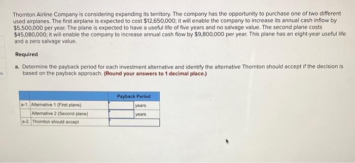 Thornton Airline Company Is Considering Expanding Its Territory The Company Has The Opportunity To Purchase One Of Two 1