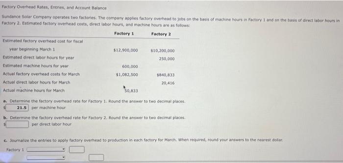 Factory Overhead Rates Entries And Account Balance Sundance Solar Company Operates Two Factories The Company Applies 1