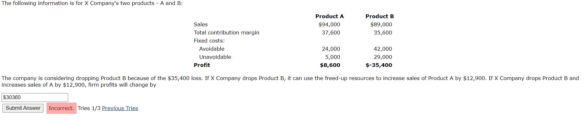 The Following Information Is For X Company S Two Products A And B The Company Is Considering Dropping Product B Becau 1