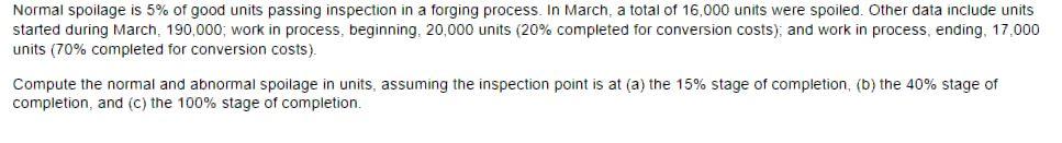 Normal Spoilage Is 5 Of Good Units Passing Inspection In A Forging Process In March A Total Of 16 000 Units Were Spoi 1
