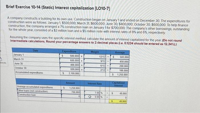 Brief Exercise 10 14 Static Interest Capitalization Lo10 7 A Company Constructs A Building For Its Own Use Construc 1