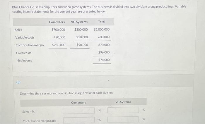 Blue Chance Co Sells Computers And Video Game Systems The Business Is Divided Into Two Divisions Along Product Lines 1