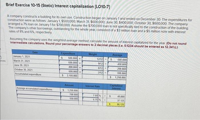 Ences Brief Exercise 10 15 Static Interest Capitalization Lo10 7 A Company Constructs A Building For Its Own Use Co 1