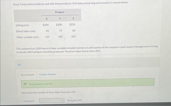 Oscar Corporation Produces And Sells Three Products Unit Data Concerning Each Product Is Shown Below Selling Price Dir 1