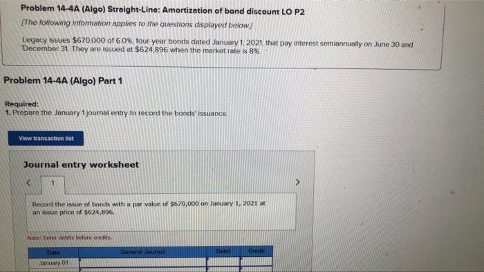 Problem 14 4a Algo Straight Line Amortization Of Bond Discount Lo P2 The Following Information Applies To The Questi 1