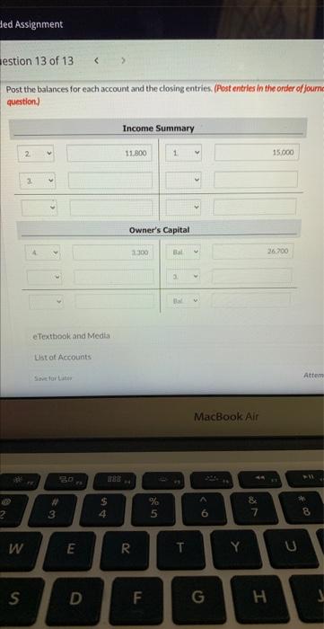 Question 13 Of 13 2 Cash Accounts Receivable Prepaid Insurance Equipment Accumulated Depreciation Equip Accounts Payab 2