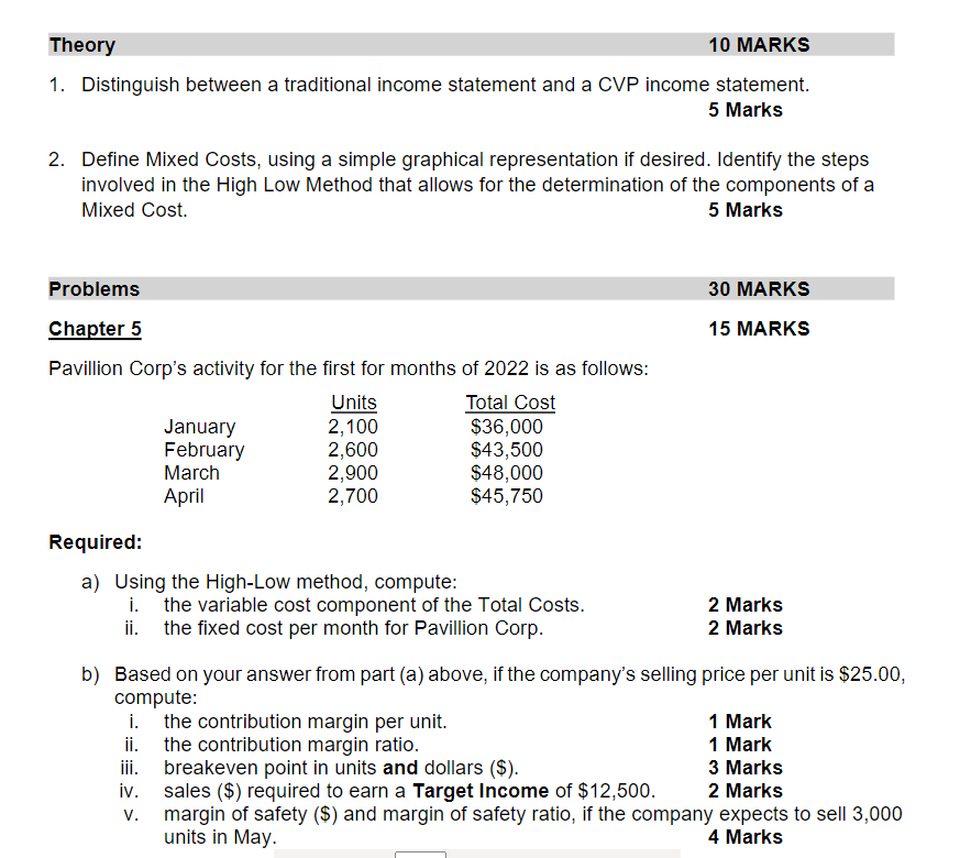 Theory 10 Marks 1 Distinguish Between A Traditional Income Statement And A Cvp Income Statement 5 Marks 2 Define Mixe 1