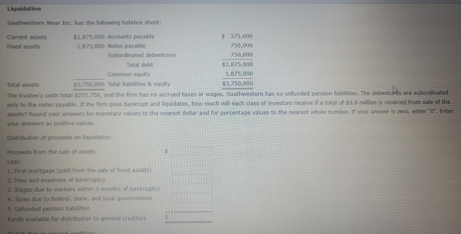 Liquidation Southwestern Wear Inc Has The Following Balance Sheet 1 875 000 Accounts Payable 1 875 000 Notes Payable 1