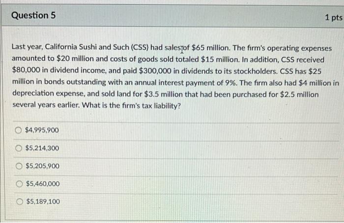Question 5 Last Year California Sushi And Such Css Had Sales Of 65 Million The Firm S Operating Expenses Amounted T 1
