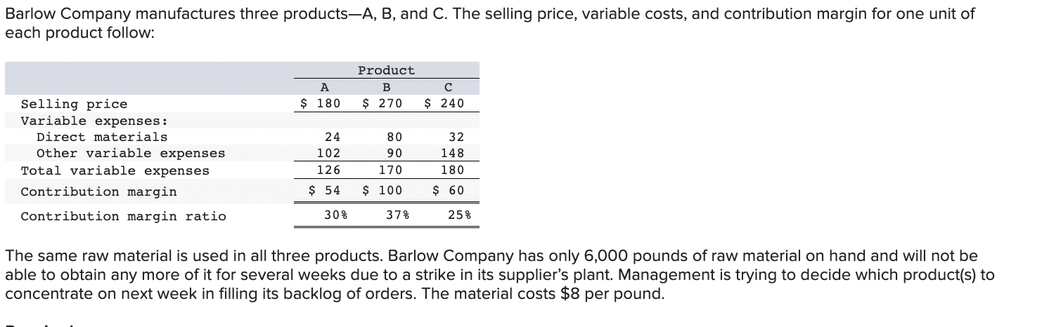 Barlow Company Manufactures Three Products A B And C The Selling Price Variable Costs And Contribution Margin For O 1