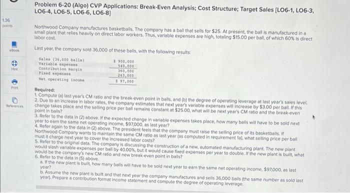 1 36 Points Book Hot Print Problem 6 20 Algo Cvp Applications Break Even Analysis Cost Structure Target Sales Lo6 1