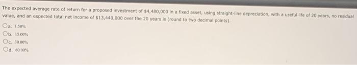 The Expected Average Rate Of Return For A Proposed Investment Of 4 480 000 In A Fixed Asset Using Straight Line Deprec 1