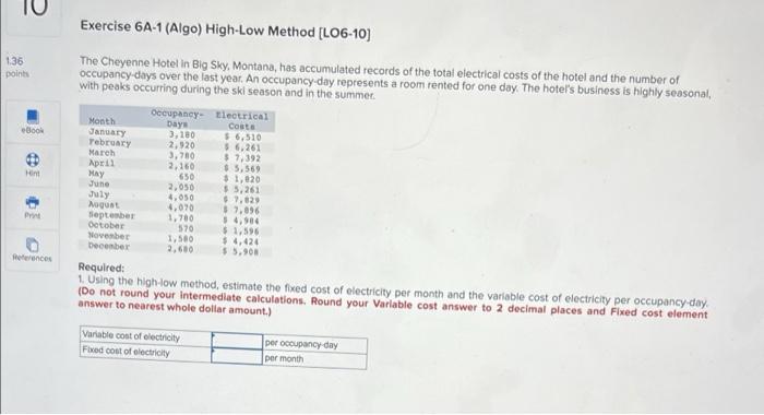 1 36 Points Ebook Hint Print References Exercise 6a 1 Algo High Low Method Lo6 10 The Cheyenne Hotel In Big Sky Mon 1