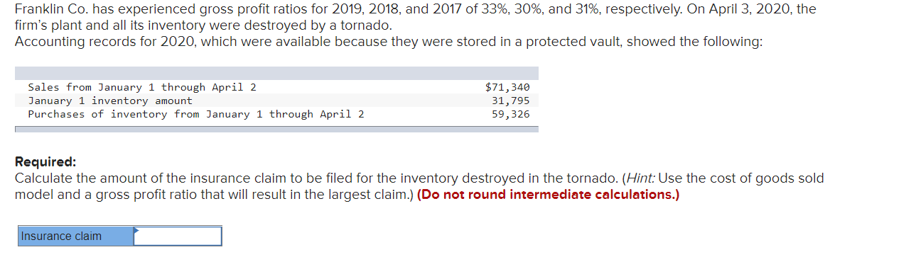 Franklin Co Has Experienced Gross Profit Ratios For 2019 2018 And 2017 Of 33 30 And 31 Respectively On April 3 1