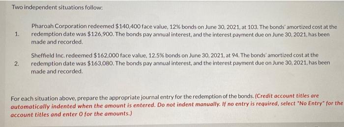 Two Independent Situations Follow 1 Pharoah Corporation Redeemed 140 400 Face Value 12 Bonds On June 30 2021 At 1 1