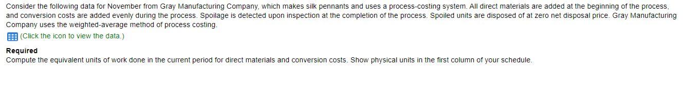 Consider The Following Data For November From Gray Manufacturing Company Which Makes Silk Pennants And Uses A Process C 1