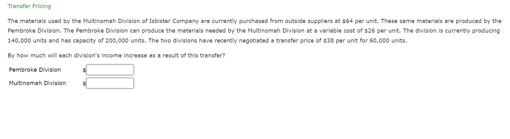 Transfer Pricing The Materials Used By The Multinomah Division Of Isbister Company Are Currently Purchased From Outside 1