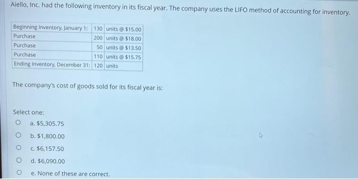 Aiello Inc Had The Following Inventory In Its Fiscal Year The Company Uses The Fifo Method Of Accounting For Inventor 3