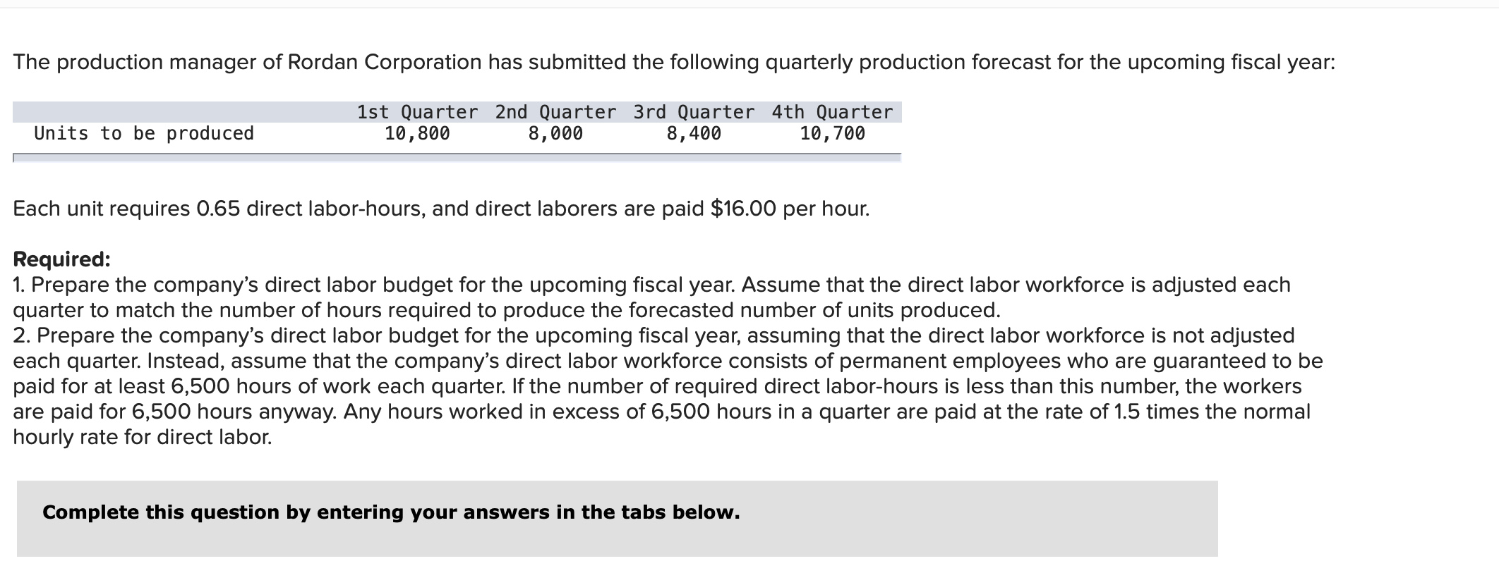 The Production Manager Of Rordan Corporation Has Submitted The Following Quarterly Production Forecast For The Upcoming 1