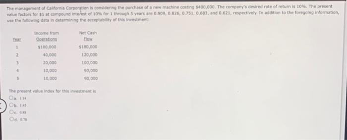 The Management Of California Corporation Is Considering The Purchase Of A New Machine Costing 400 000 The Company S De 1