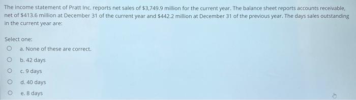 The Income Statement Of Pratt Inc Reports Net Sales Of 3 749 9 Million For The Current Year The Balance Sheet Reports 1