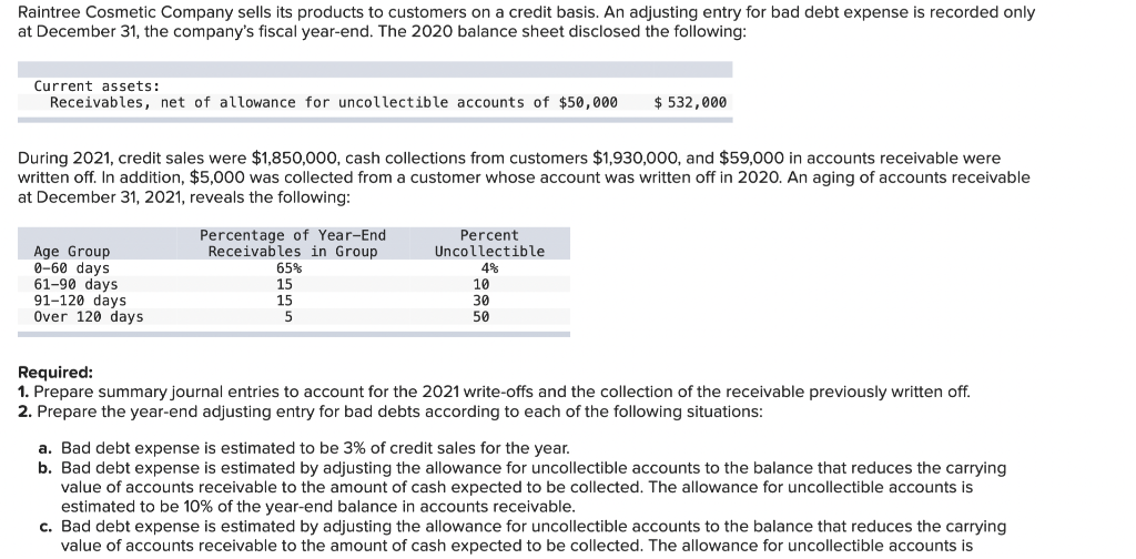 Raintree Cosmetic Company Sells Its Products To Customers On A Credit Basis An Adjusting Entry For Bad Debt Expense Is 1