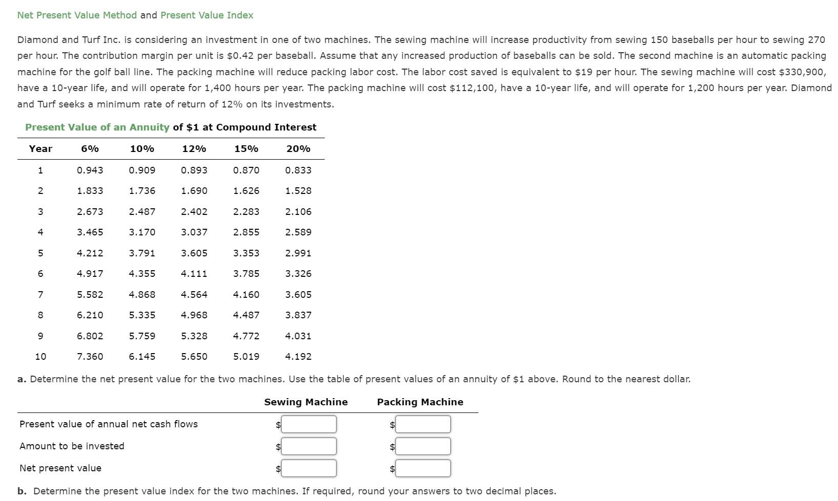 Net Present Value Method And Present Value Index Diamond And Turf Inc Is Considering An Investment In One Of Two Machin 1