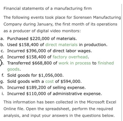 Financial Statements Of A Manufacturing Firm The Following Events Took Place For Sorensen Manufacturing Company During J 1