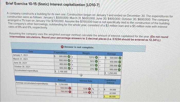 Brief Exercise 10 15 Static Interest Capitalization Lo10 7 A Company Constructs A Building For Its Own Use Construc 1