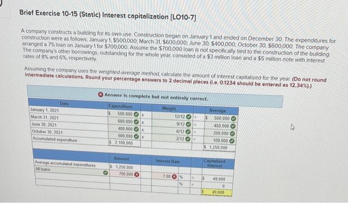 Brief Exercise 10 15 Static Interest Capitalization Lo10 7 A Company Constructs A Building For Its Own Use Construc 1