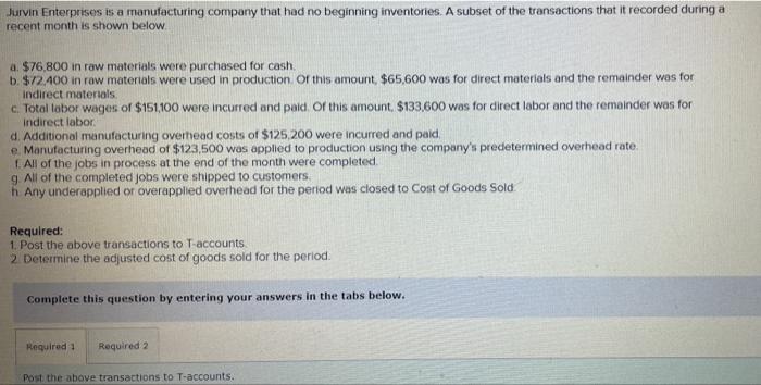 Jurvin Enterprises Is A Manufacturing Company That Had No Beginning Inventories A Subset Of The Transactions That It Re 1