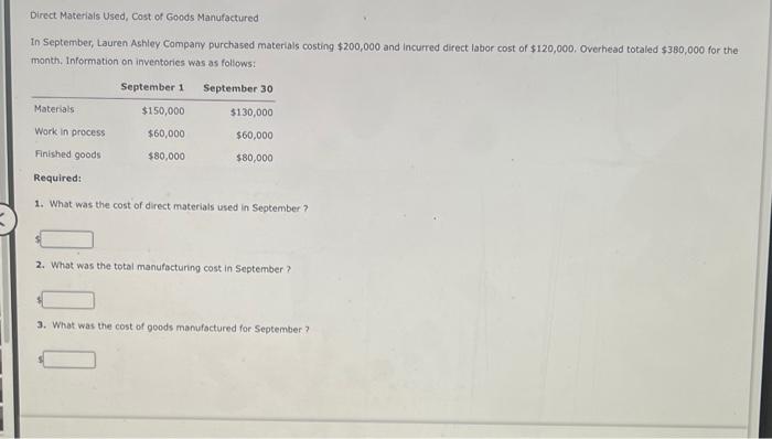 Direct Materials Used Cost Of Goods Manufactured In September Lauren Ashley Company Purchased Materials Costing 200 0 1