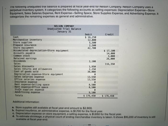Ine Following Unadjusted Trial Balance Is Prepared At Fiscal Year End For Nelson Company Nelson Company Uses A Perpetua 1