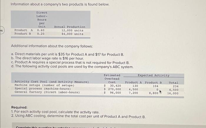 15 Information About A Company S Two Products Is Found Below Direct Labor Hours Per Unit Product A Product B 0 20 0 60 1