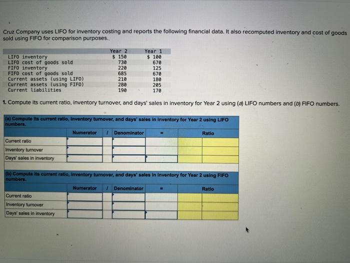 Cruz Company Uses Lifo For Inventory Costing And Reports The Following Financial Data It Also Recomputed Inventory And 1