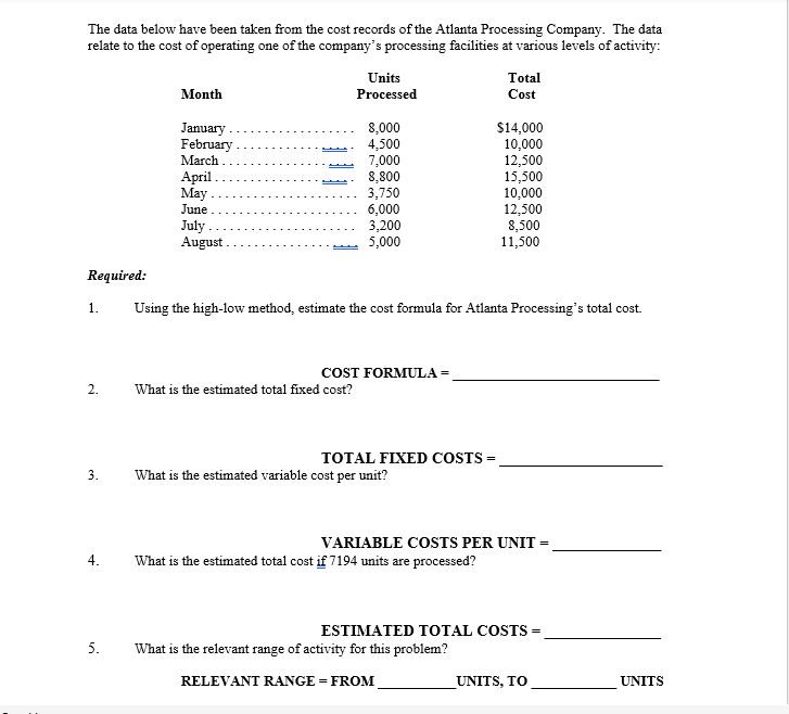 The Data Below Have Been Taken From The Cost Records Of The Atlanta Processing Company The Data Relate To The Cost Of O 1