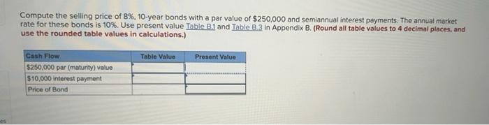 Compute The Selling Price Of 8 10 Year Bonds With A Par Value Of 250 000 And Semiannual Interest Payments The Annual 1