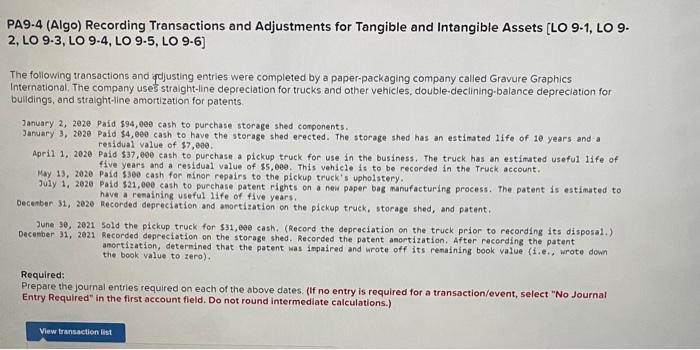 Pa9 4 Algo Recording Transactions And Adjustments For Tangible And Intangible Assets Lo 9 1 Lo 9 2 Lo 9 3 Lo 9 4 1
