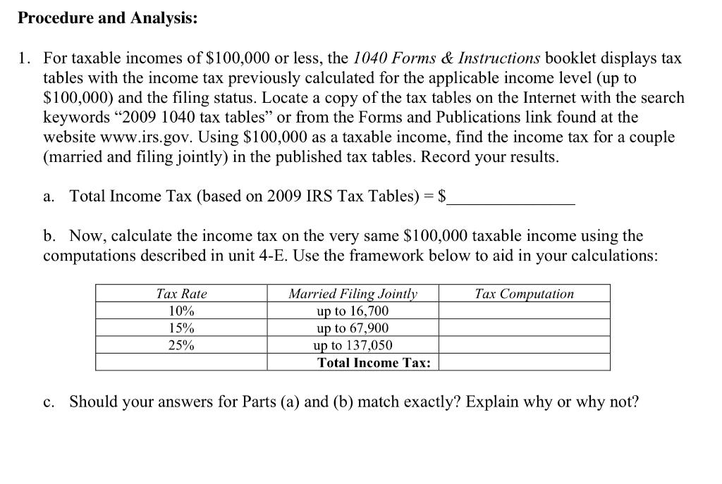 Procedure And Analysis 1 For Taxable Incomes Of 100 000 Or Less The 1040 Forms Instructions Booklet Displays Tax T 1