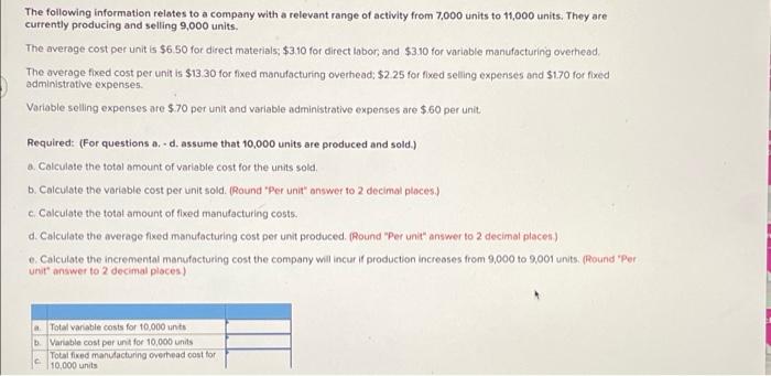 The Following Information Relates To A Company With A Relevant Range Of Activity From 7 000 Units To 11 000 Units They 1
