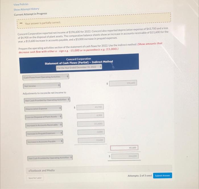 View Policies Show Attempt History Current Attempt In Progress Your Answer Is Partially Correct Concord Corporation Rep 1
