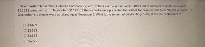 In The Month Of November Concord Company Inc Wrote Checks In The Amount Of 18400 In December Checks In The Amount O 1