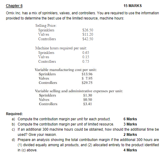 Chapter 6 15 Marks Ornix Inc Has A Mix Of Sprinklers Valves And Controllers You Are Required To Use The Information 1
