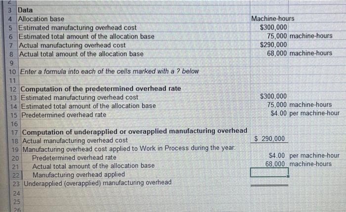 2 3 Data 4 Allocation Base 5 Estimated Manufacturing Overhead Cost 6 Estimated Total Amount Of The Allocation Base 7 Act 1