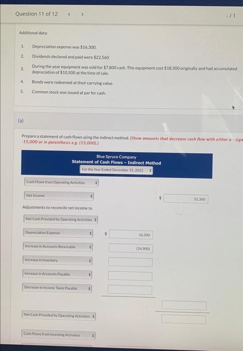 Question 11 Of 12 Presented Here Are The Financial Statements Of Blue Spruce Company Assets Cash Total Accounts Recei 2